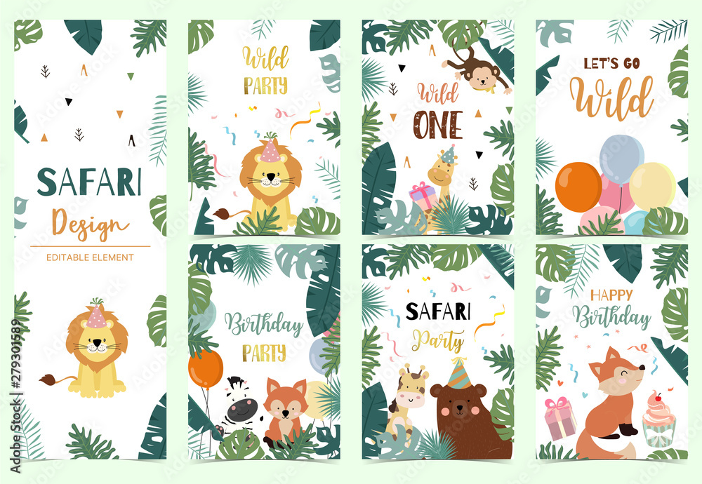 Green collection of safari background set with lion,fox,bear,giraffe,monkey.Editable vector illustration for birthday invitation,postcard and sticker.Wording include wild one - obrazy, fototapety, plakaty 