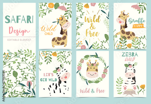 Collection of safari background set with head giraffe,flower,zebra,lion.Editable vector illustration for birthday invitation,postcard and sticker.Wording include wild and free