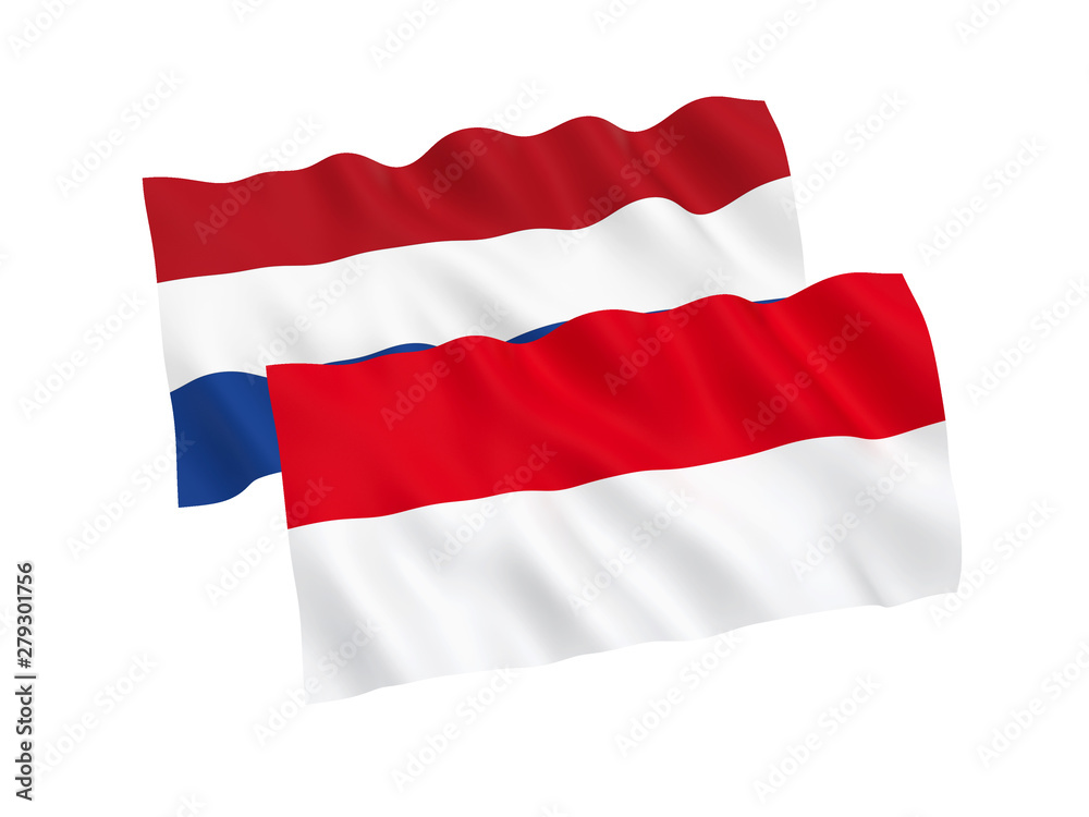 National fabric flags of Netherlands and Indonesia isolated on white background. 3d rendering illustration. Proportion 1:2
