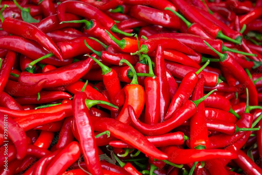 Red hot fresh raw chili peppers in outdoor market