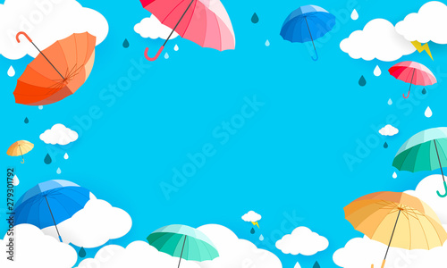 Raining season background Vector Illustration. Colorful umbrellas on the raining sky with copy space