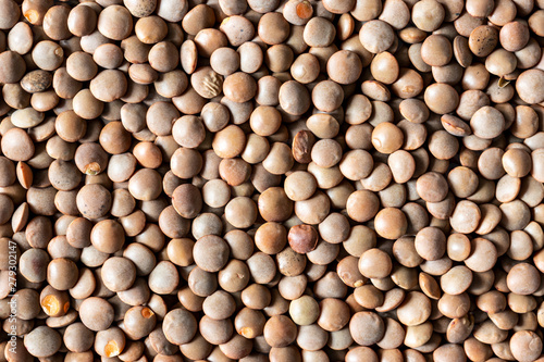 Close up brown lentil seeds background. Healthy vegeterian food. photo