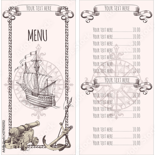 Adventure stories. Pirate background. Vintage border frame. Old caravel, vintage sailboat. Menu
