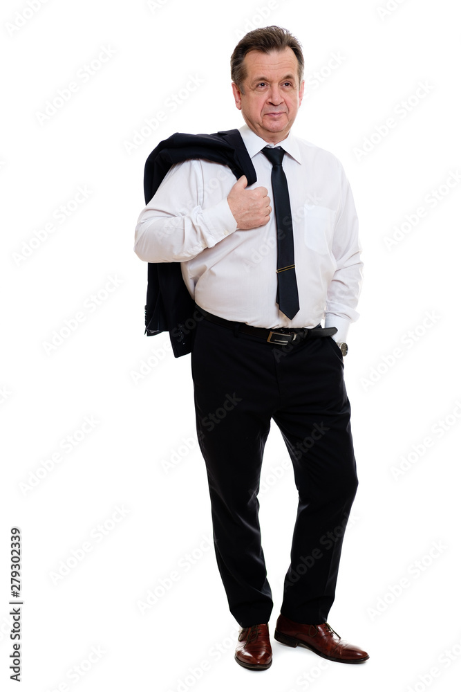 Mature caucasian business man 55-60 years old, holding jacket over his shoulder and hand in pocket isolated on white background in full growth. Studio shot. Mature caucasian business man 55-60 years old, holding jacket over his shoulder and hand in pocket isolated on white background in full growth. Studio shot.