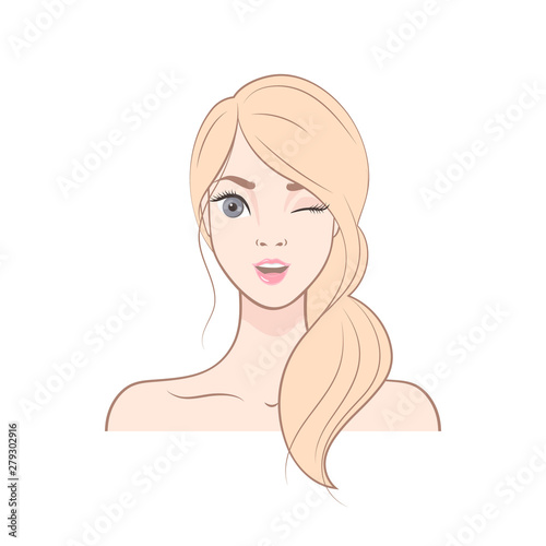 Girl with blond long hair winks. Isolated image on White background. Vector illustration