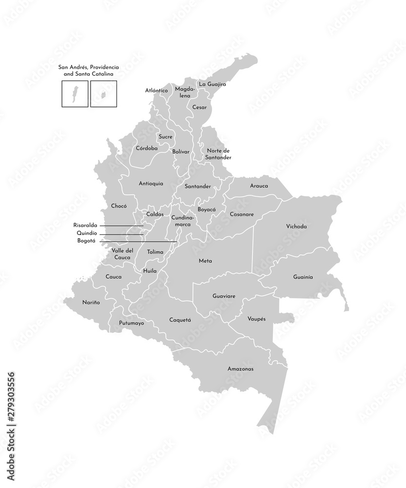 Vector isolated illustration of simplified administrative map of Colombia. Borders and names of the departments (regions). Grey silhouettes. White outline