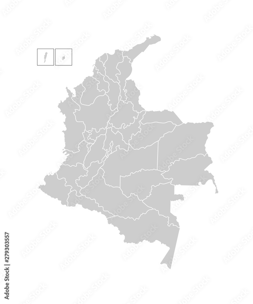 Vector isolated illustration of simplified administrative map of Colombia. Borders of the departments (regions). Grey silhouettes. White outline