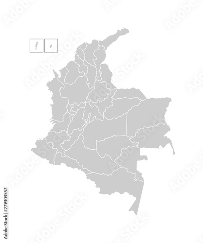 Vector isolated illustration of simplified administrative map of Colombia. Borders of the departments (regions). Grey silhouettes. White outline photo