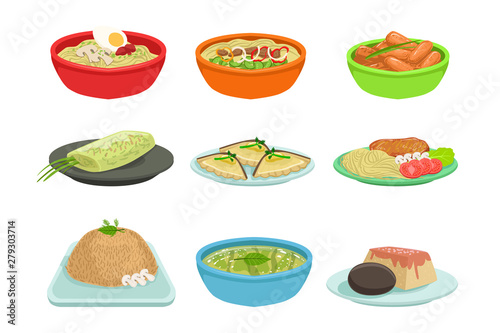 Asian Food Famous Dishes Illustration Set