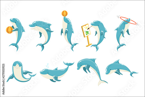 Fotobehang Bottlenose Dolphin Performing Tricks Set of Illustrations