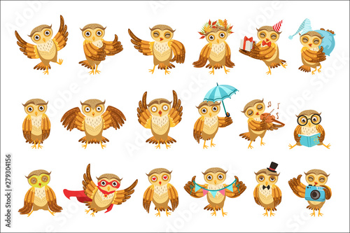 Cute Brown Owl Emoji Icon Set