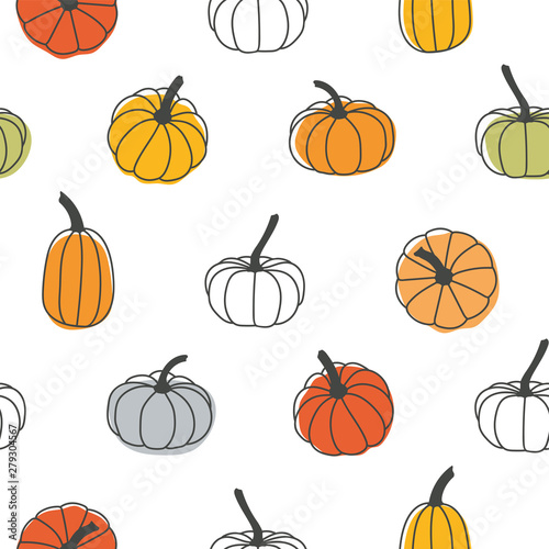 Beautiful pumpkin halloween thanksgiving seamless pattern, cute catroon pumpkins hand drawn background, great for seasonal textile prints, holiday banners, backdrops or wallpapers - vector surface