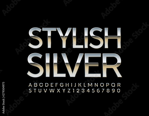 Vector Stylish Silver Alphabet set. Uppercase metal Font. Chrome shiny Letters, Numbers and Symbols