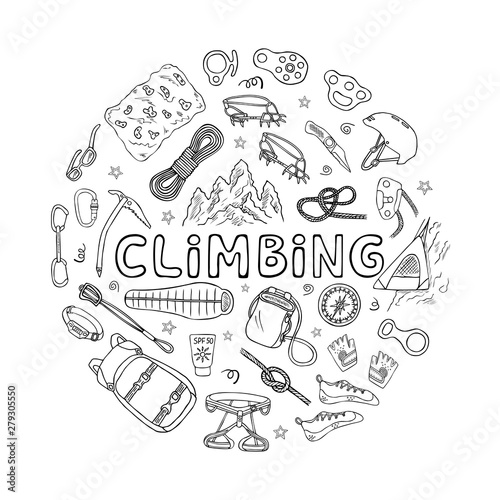 Mountain climbing or alpinism equipment and accessories doodle icons set. Hand drawn vector illustration
