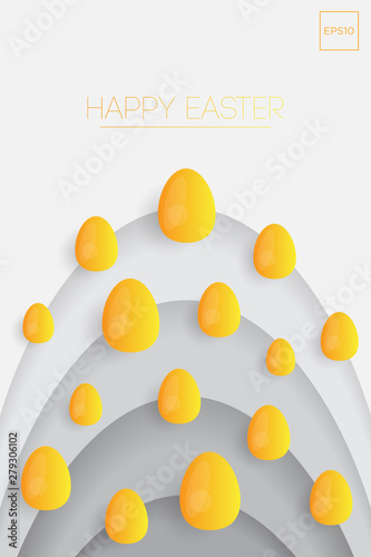 Easter background template with colorful glossy eggs illustration in flat paper art style