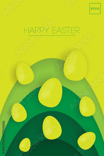 Easter background template with colorful glossy eggs illustration in flat paper art style