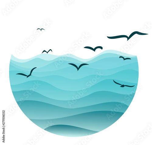A sea landscape with flight of seagulls.