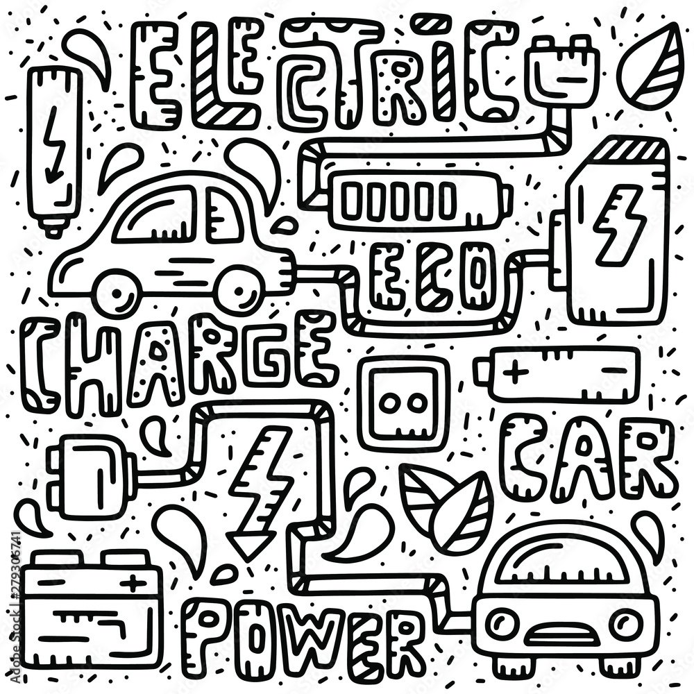 Doodle illustration of Electric cars and text. Vector design for poster, card, board. Hand drawn icons on white background. Hand drawing cute style.