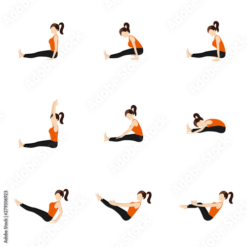 Seated yoga poses set/Illustration stylized woman practicing seated yoga postures