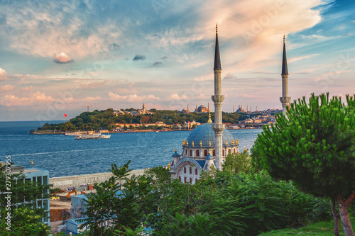 Landscape with Nusretiye mosque and historical peninsula of Istanbul photo