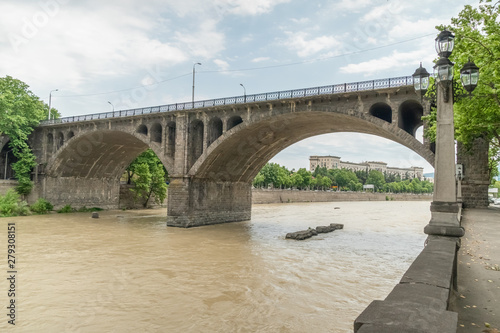 Walk around Tbilisi. Bridges over the Kura River in the capital of Georgia on a sunny day