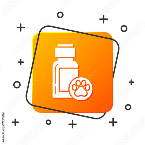 White Dog medicine bottle icon isolated on white background. Container with pills. Prescription medicine for animal. Orange square button. Vector Illustration