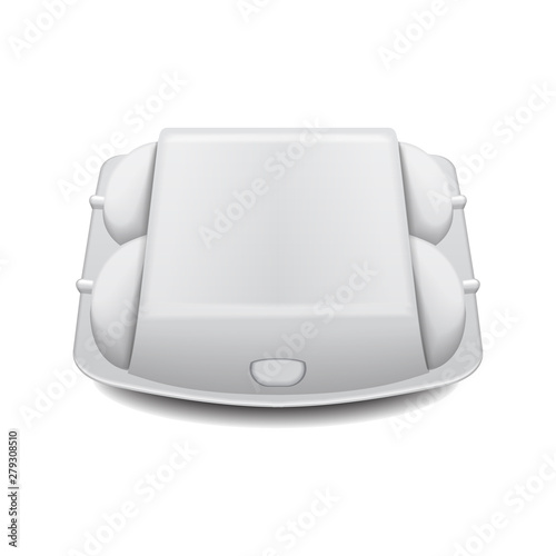 Box tray for eggs mock up vector template, white empty clamshell container. 6 eggs mock package