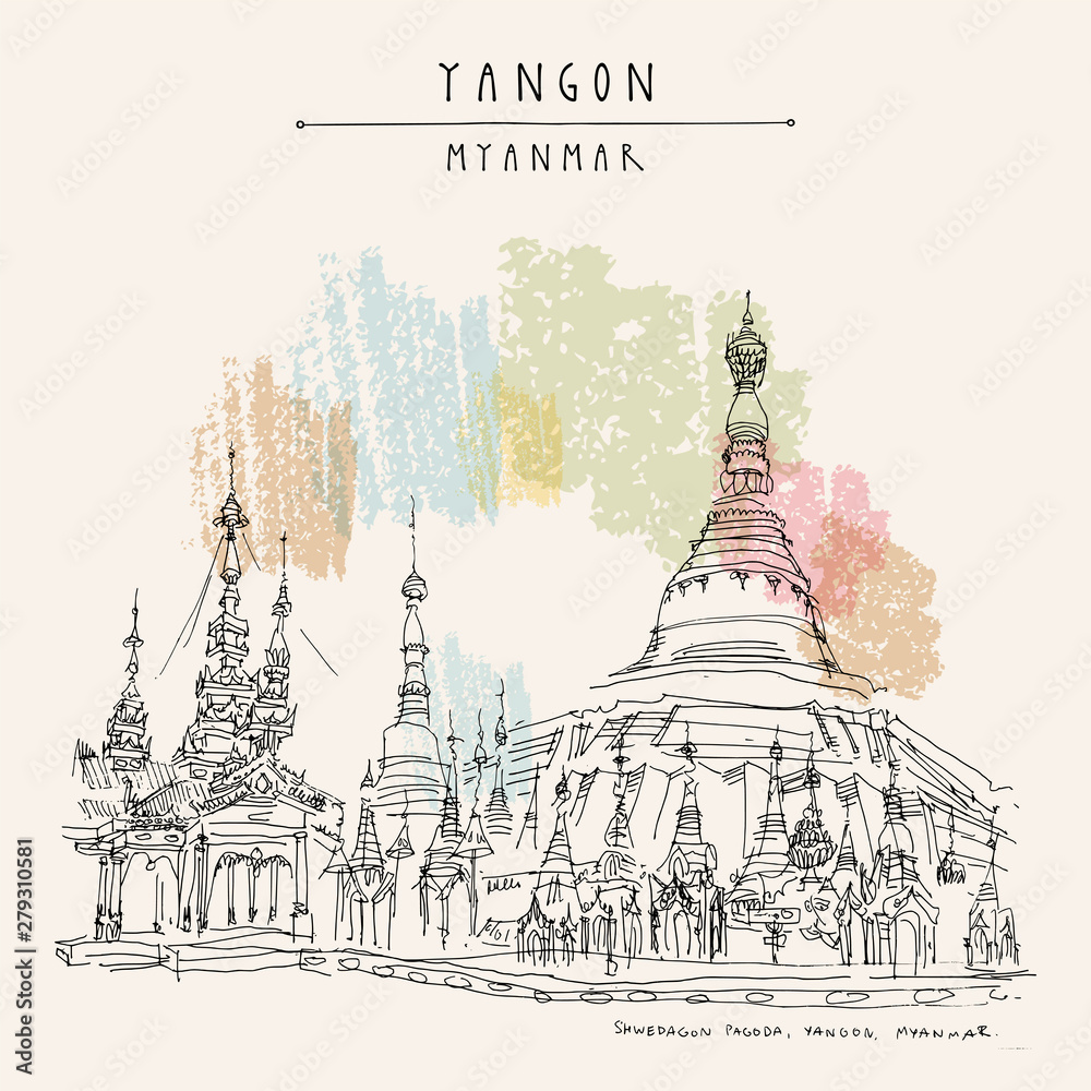 Yangon (Rangoon), Myanmar (Burma), Southeast Asia. Shwedagon pagoda, venerable ancient Buddhist temple. Hand drawn cityscape sketch. Travel art. Vintage artistic postcard template. Vector illustration