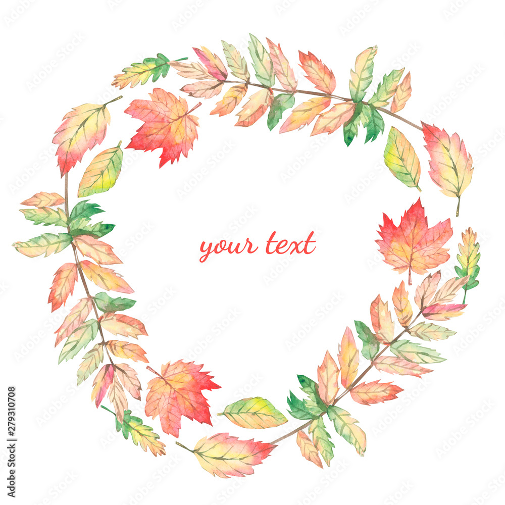 Watercolor autumn branches and leaves wreath. Rustic greenery. Illustration for invintation, greeting card, wedding card