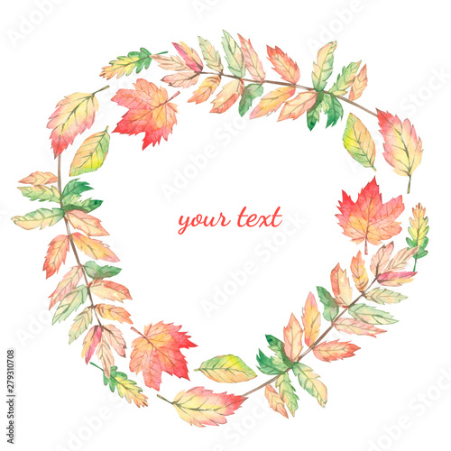 Watercolor autumn branches and leaves wreath. Rustic greenery. Illustration for invintation  greeting card  wedding card