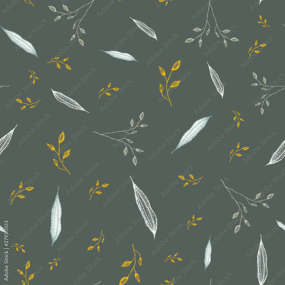 Delicate hand drawn silver, grey foliage with accent gold color. Seamless vector pattern on slate background. Great for wellness, beauty,vintage products, packaging, fabric, stationery