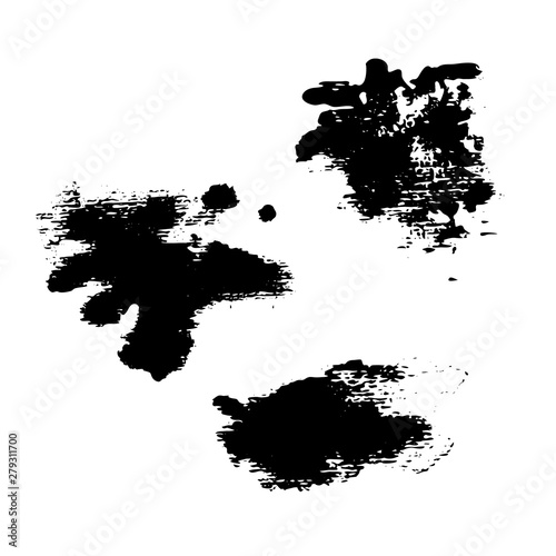 Set of vector textures isolated on a white background. Ink stains and blots. Texture of rough grain paper. Set for grunge splash textures. Vector illustration.