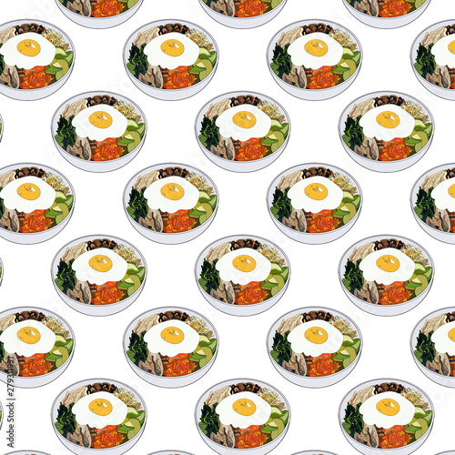 Seamless pattern of bibimbap korean traditional dish with fried egg. Asian cuisine. Colorful vector background.