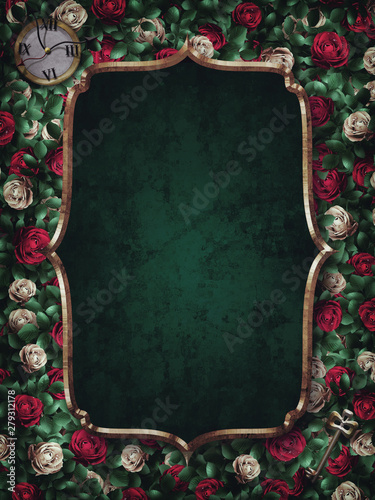 Alice in Wonderland. Red roses and white roses background and gold frame. Clock and key.