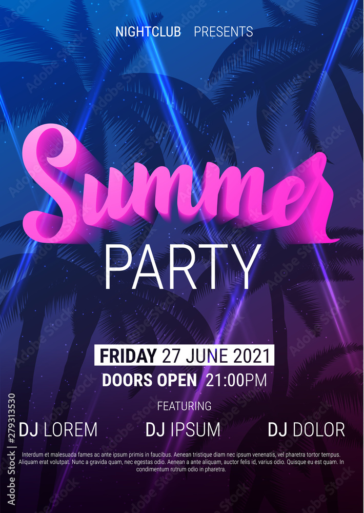 Summer disco poster in trendy neon colors. Vector background. Stock ...