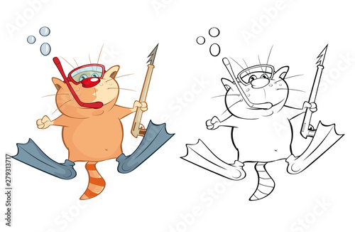 Vector Illustration of a Cute Cartoon Character Cat for you Design and Computer Game. Coloring Book Outline Set 