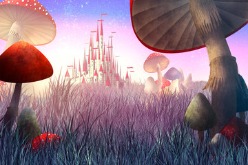 Gardinen Kinderzimmer fantastische Landschaft mit Pilzen und Nebel. Illustration zum Märchen &quot Alice im Wunderland&quot   © svetlanasmirnova