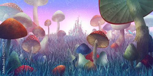 fantastic landscape with mushrooms and fog. illustration to the fairy tale "Alice in Wonderland"