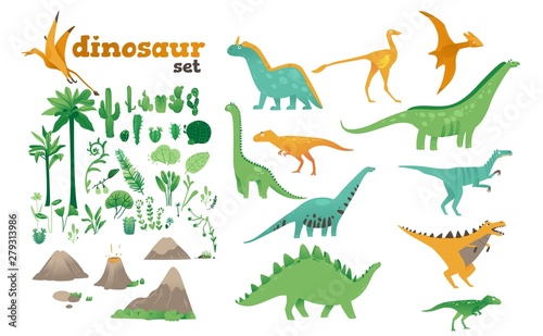 Set of dinosaurs, ancient plants, volcanoes of the Jurassic period. © sabelskaya