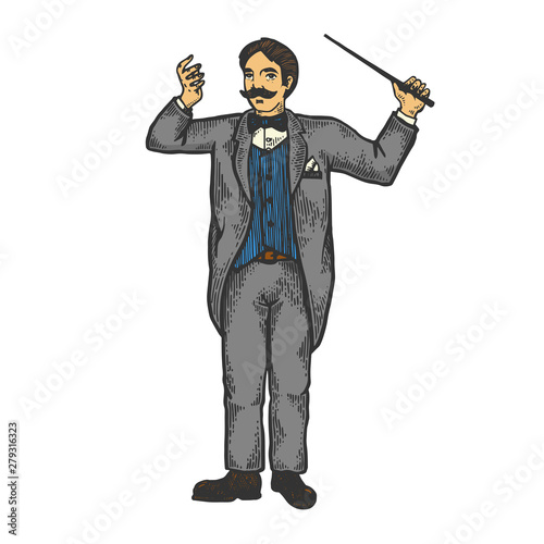 Orchestral conductor color sketch engraving vector illustration. Scratch board style imitation. Black and white hand drawn image.