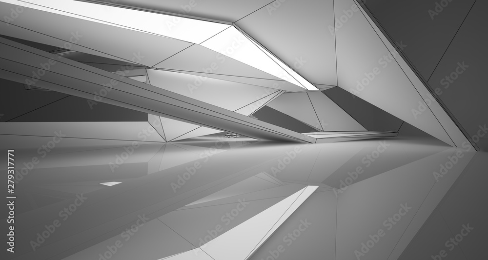 Fototapeta Streszczenie architektoniczne białe wnętrze minimalistycznego domu z oświetleniem neonowym. Rysunek. Ilustracja i renderowanie 3D.
