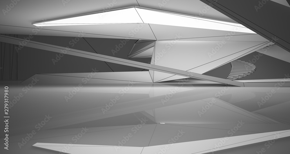 Fototapeta Abstract architectural white interior of a minimalist house with neon lighting. Drawing. 3D illustration and rendering.