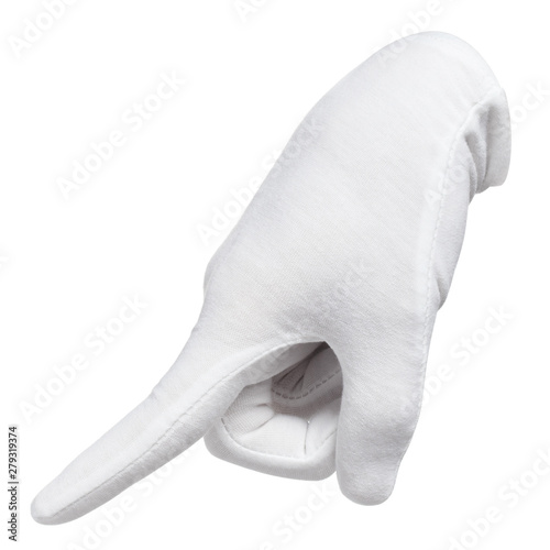 Hand in a white glove pointing, pushing or commanding, isolated on white background photo