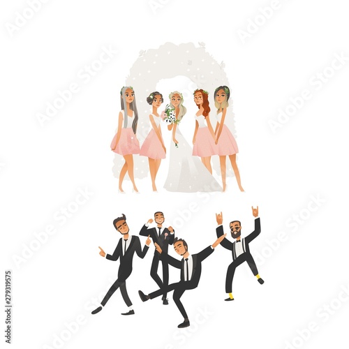 Happy wedding ceremony at the ceremonial arch in flat cartoon style.