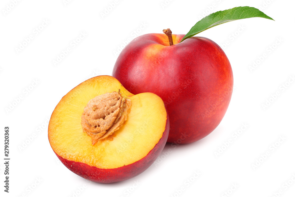 Nectarine with green leaf and slices isolated on white background