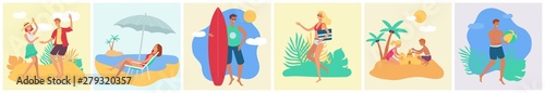 A set of tanned people, men, women and children rest in the summer on a tropical beach on vacation.