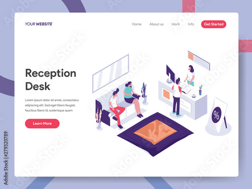 Landing page template of Reception Desk Illustration Concept. Isometric design concept of web page design for website and mobile website.Vector illustration