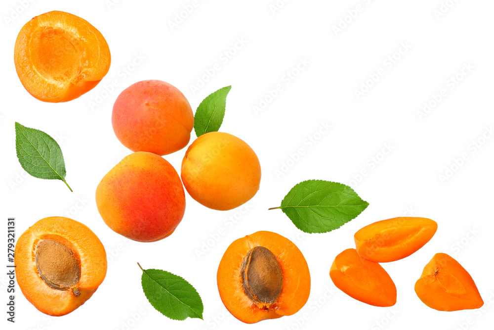 apricot fruits with slices and green leaf isolated on white background. top view apricot fruits with slices and green leaf isolated on white background. top view