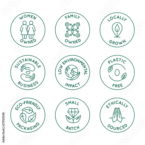 Vector set of design elements, logo design templates, icons and badges for natural and organic cosmetics and sustainably made products in trendy linear style