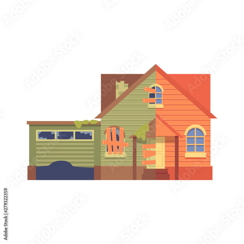 Home renovation with a garage flat cartoon style, before and after.